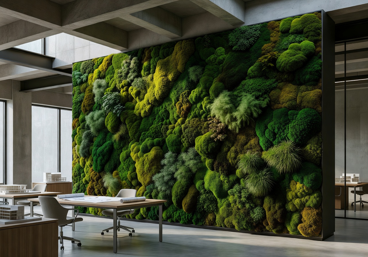 Architecture office with full-height living moss wall installation