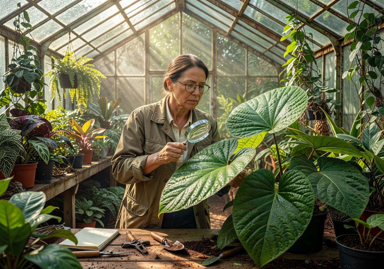Botanist examining rare leaves in a sunlit greenhouse