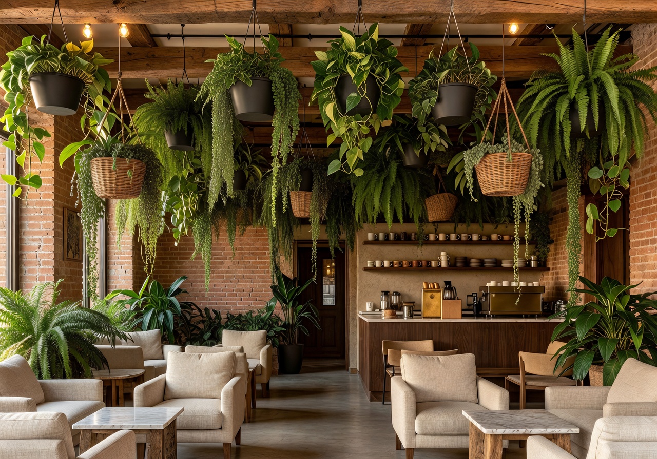 Boutique café interior with overhead suspended trailing plants