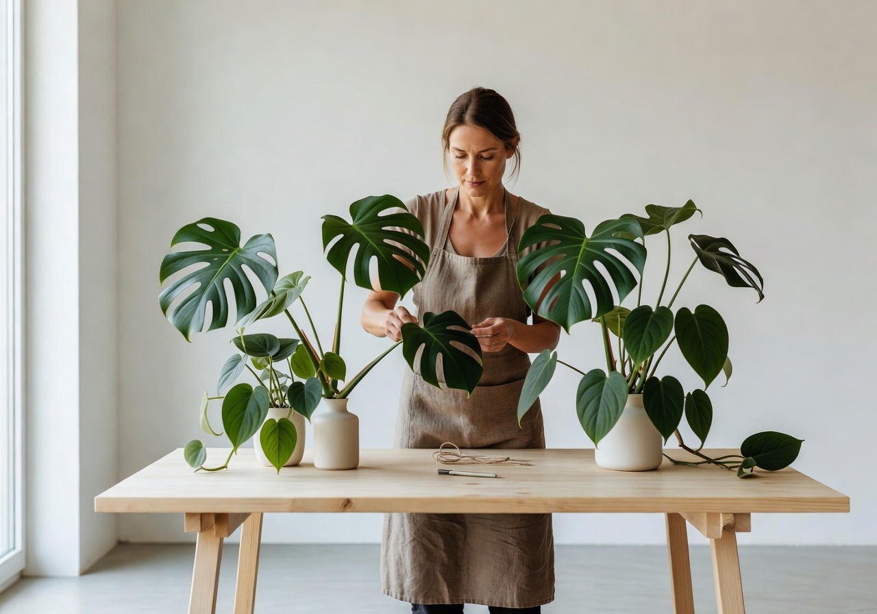 Designer arranging monstera and philodendron in a minimalist studio