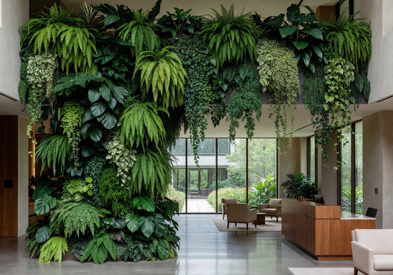 Hospitality lobby featuring a cascading living plant installation