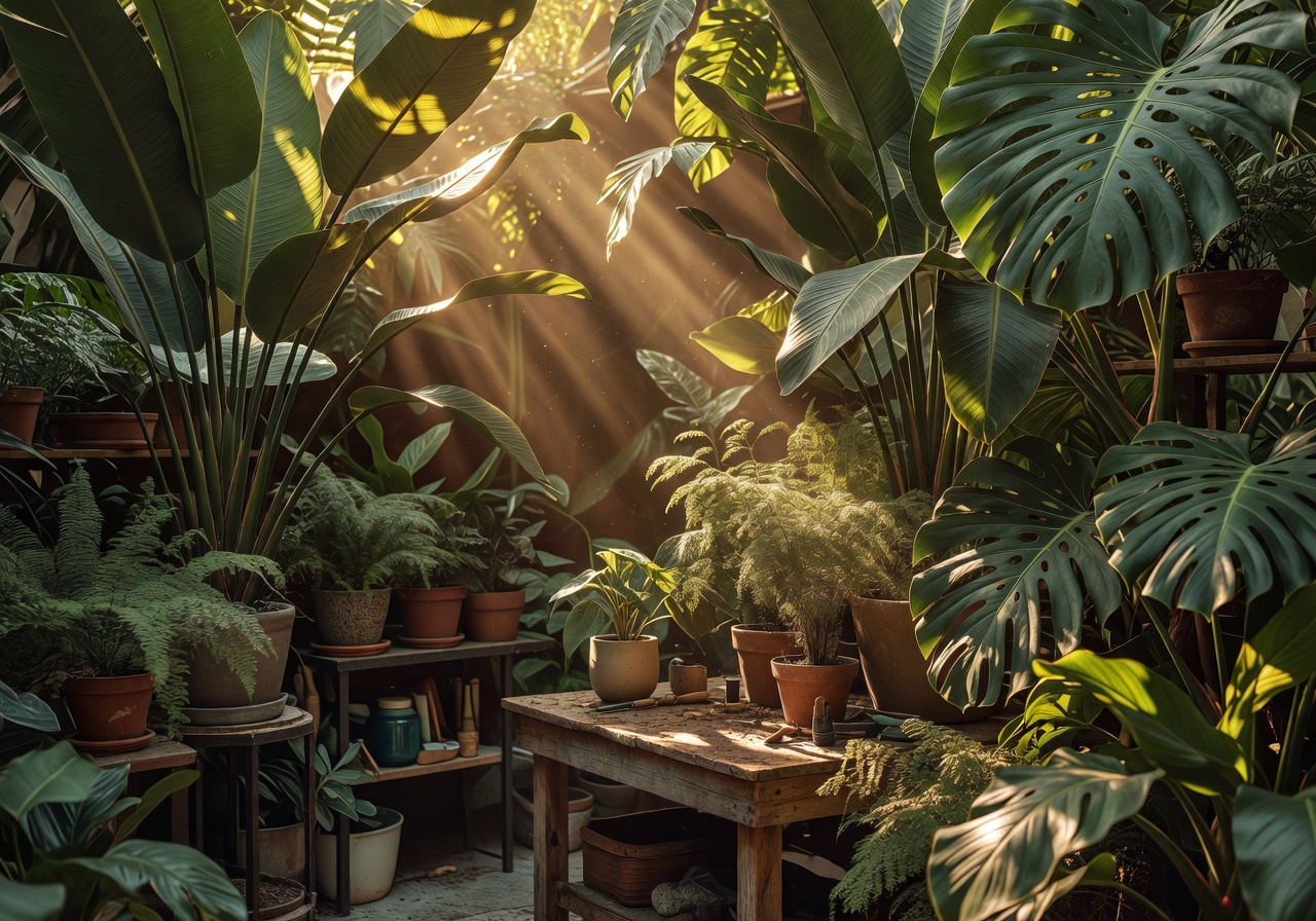 Sunlight filtering through tropical leaves in a botanical studio