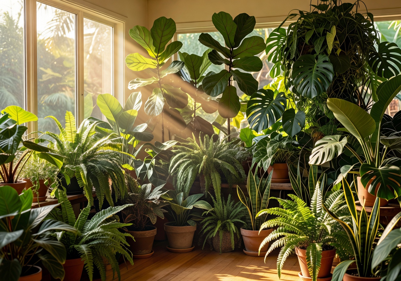 Sunlit interior filled with lush tropical houseplants